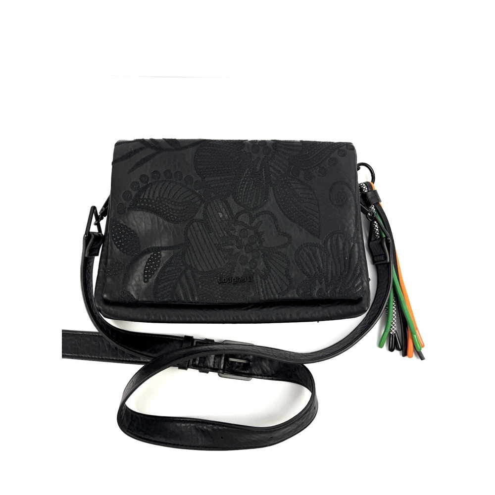 Desigual Alpha Dortmund Flap Crossbody Bag With Tassel Charm Black Faux Leather
